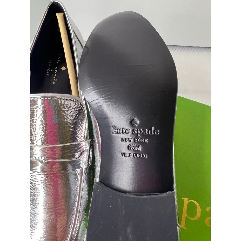 Kate Spade Silver Metallic‎ Leather Genevieve Loafers Almond Toe Flats 6.5M Box